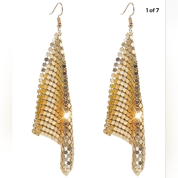 Metal Mesh Grid Sequins Tassel Long Drop Dangle Earrings - Picture 2 of 9